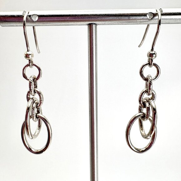 VTG Solid Sterling Silver 925 Oval Round Link Dangle Earrings 1.75" Length - Picture 1 of 11